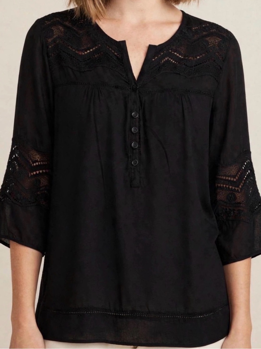 Simply Irresistible Black Lace-Trim Henley Blouse